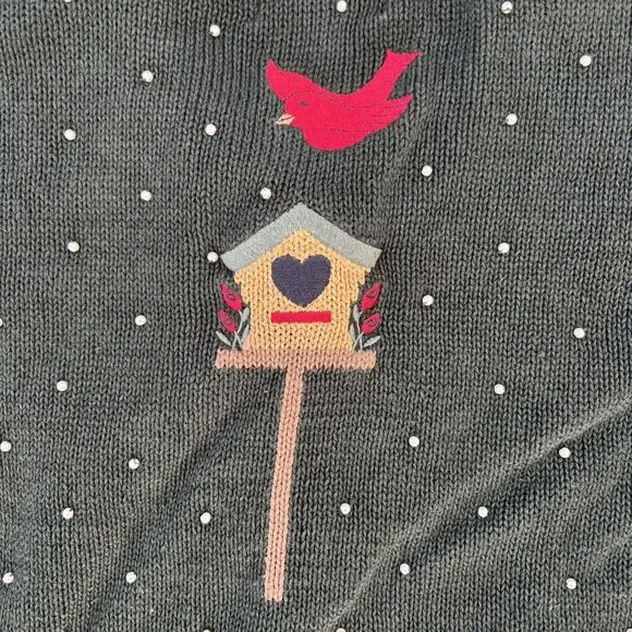 Vintage Womens Winter Sweater Size M Christmas Green 90s Beaded Hand Embroidered - Picture 7 of 13